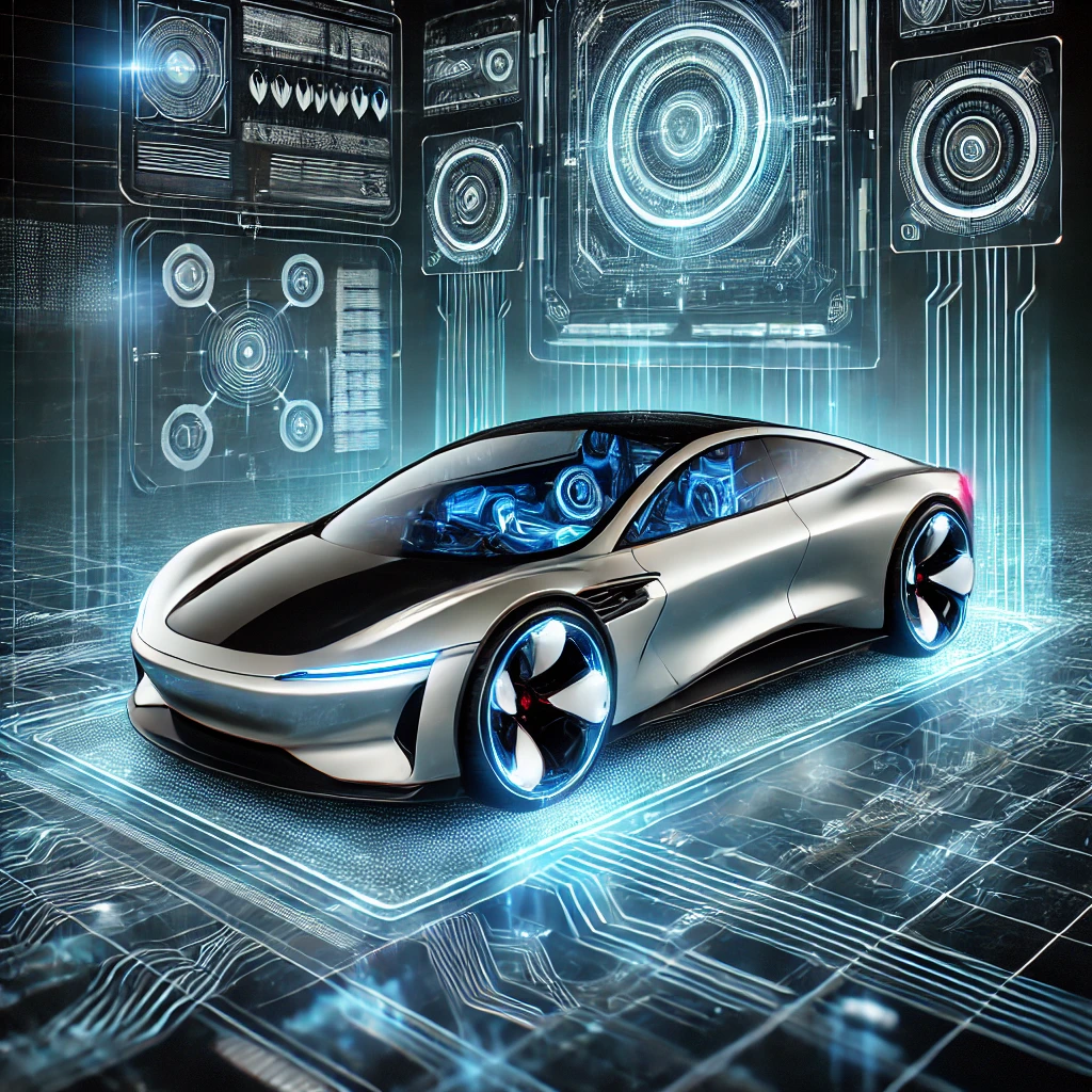 Ilustrasi mobil futuristik dengan teknologi canggih
